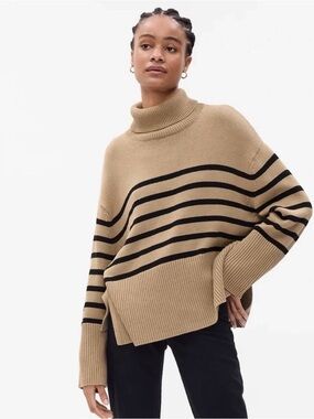 GAP 24/7 Camel Striped Split Hem Turtleneck Sweater, Size Medium